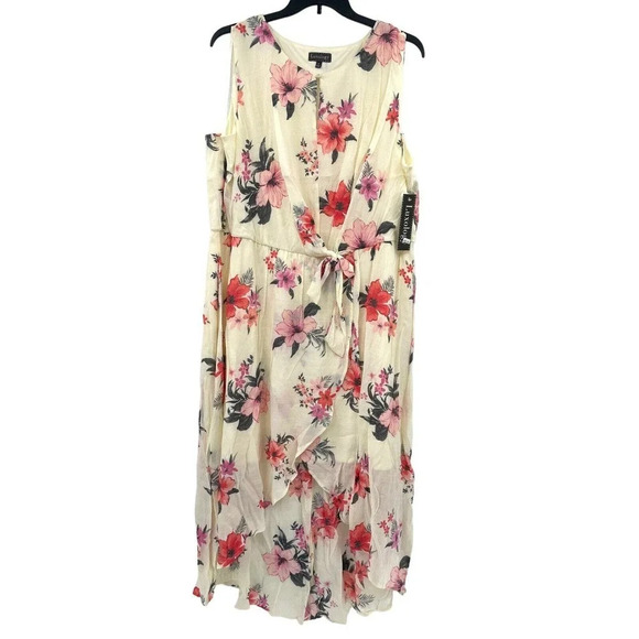 Luxology Women's 3X Floral Midi Dress Sleeveless Keyhole Tie-Waist Lined NWT - Picture 3 of 13
